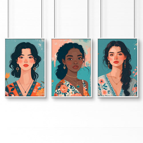 Large Bedroom Wall Art | Set of 3 Boho Women Wall art Prints