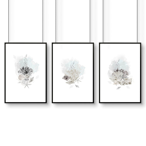 Beach theme bathroom accessories | Set of 3 wall art prints