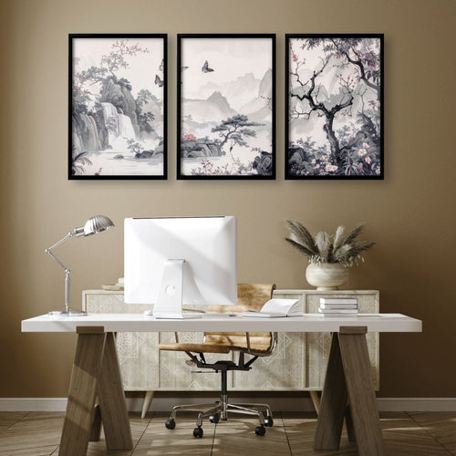 Large Contemporary Wall Art | Set of 3 Chinoiserie Wall art Prints