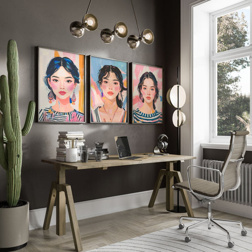 Large Framed Pictures | Set of 3 Boho Women Wall art Prints