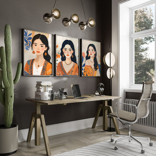 Large Framed Prints | Set of 3 Boho Women Wall art Prints