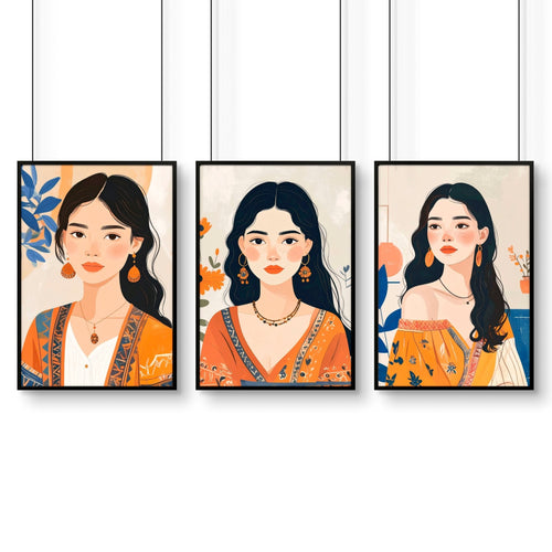 Large Framed Prints | Set of 3 Boho Women Wall art Prints