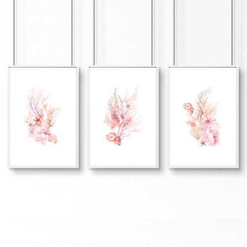 Large Paintings For Wall | Set of 3 Seashells Wall art Prints