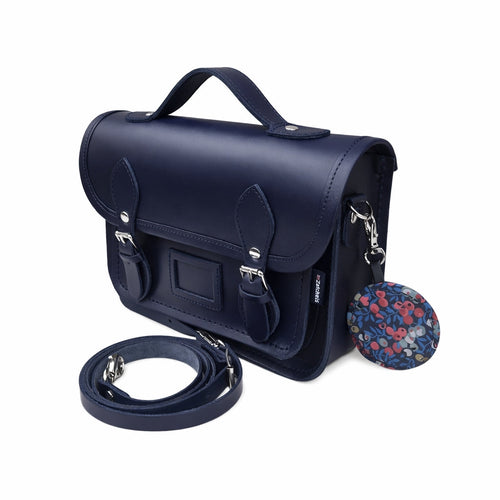Floral Lined Leather Midi Satchel - Navy