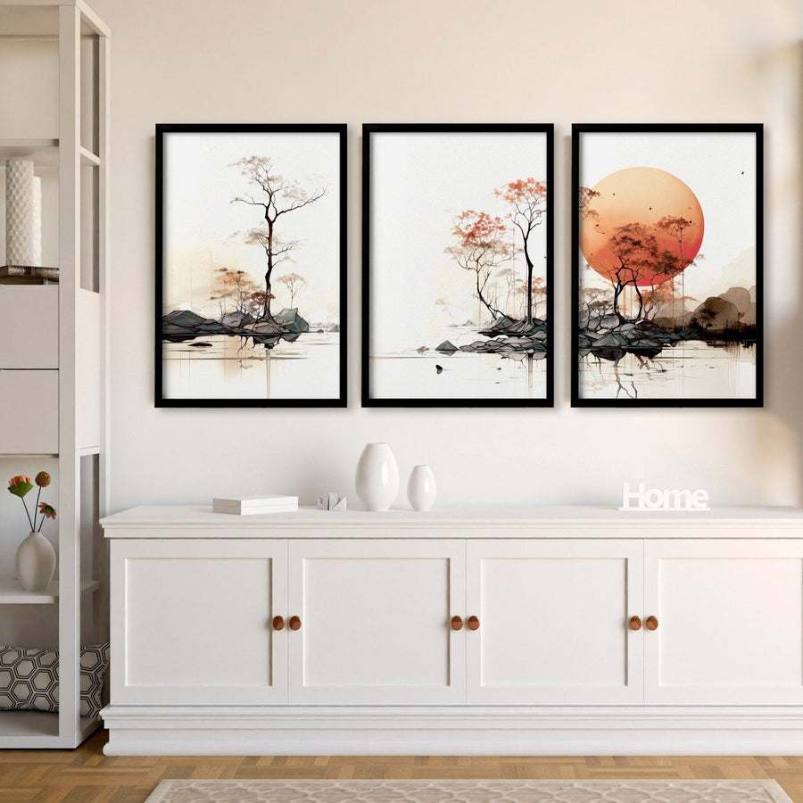 Living Room Wall Decor | Set of 3 Asian Inspired Wall art Prints