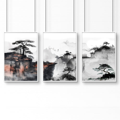 Living Room Wall Decoration | Set of 3 Asian Inspired Wall art Prints