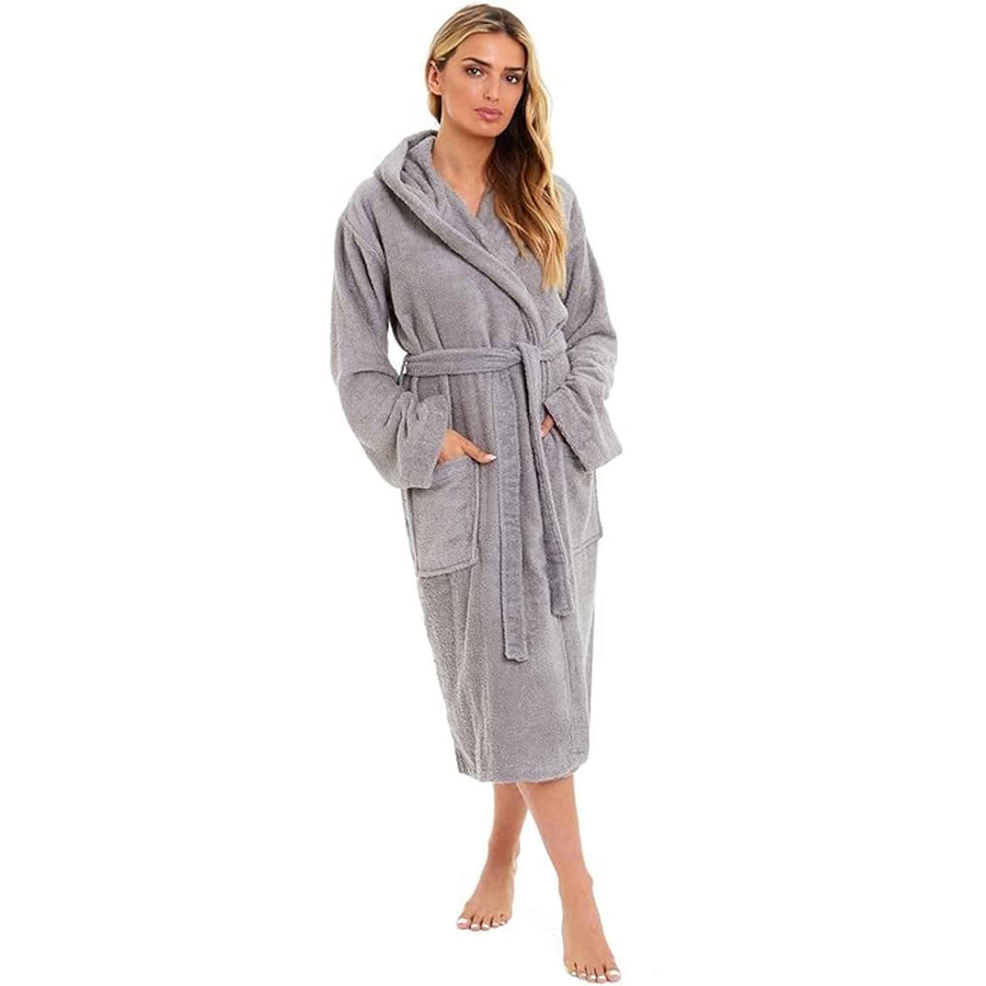 Daisy Dreamer Women Bamboo Hooded Dressing Gown Towelling Robe Ultra Absorbent Grey Cotton Rich Easy-Care Bath Robe