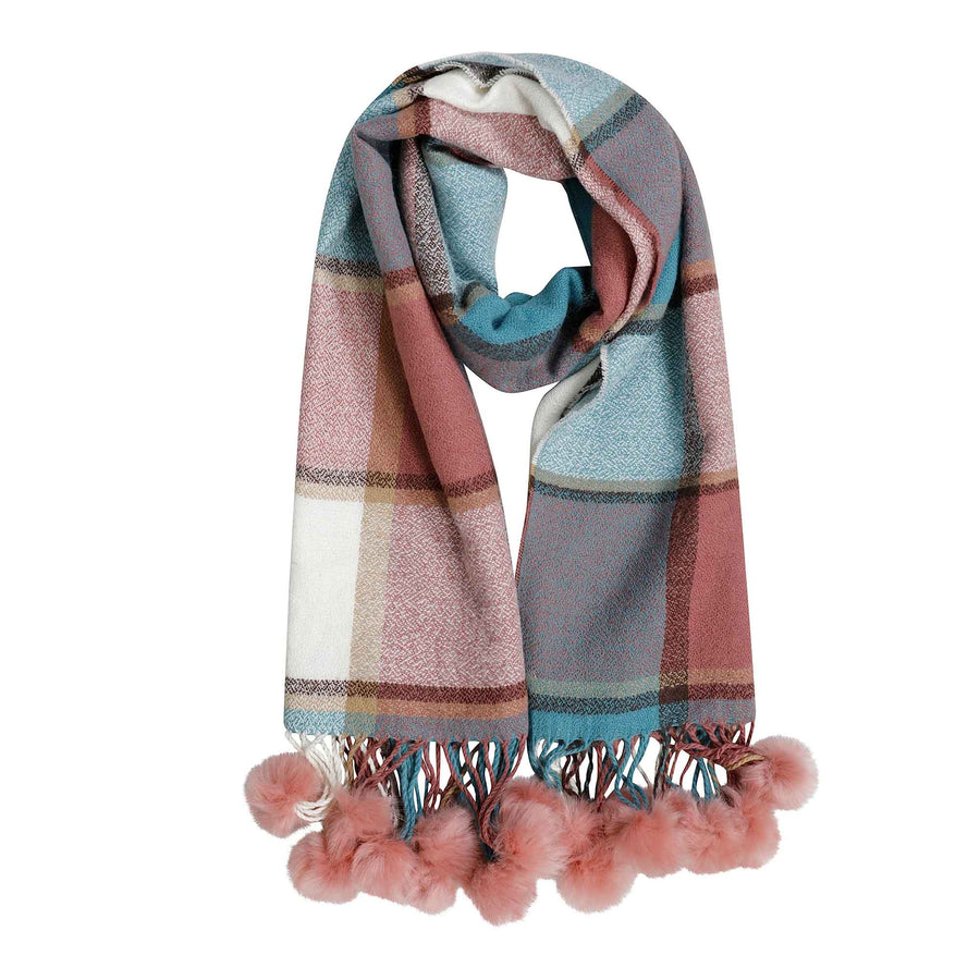 Sock Stack Luxurious Oversized Soft Touch Scarf Blanket With Pom Poms Red And Pink Check