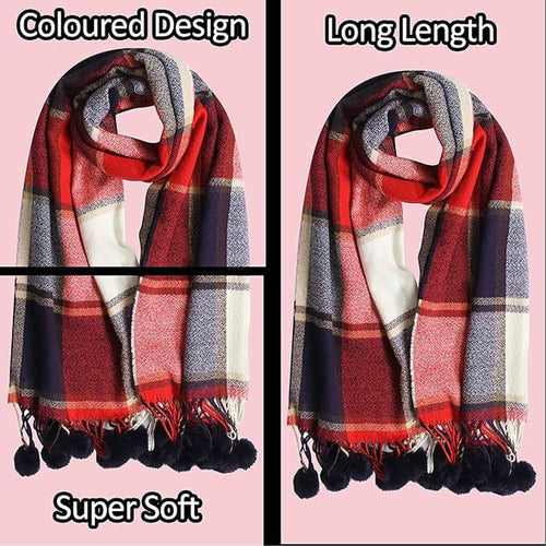 Sock Stack Luxurious Oversized Soft Touch Scarf Blanket With Pom Poms Red And Pink Check