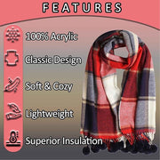Sock Stack Luxurious Oversized Soft Touch Scarf Blanket With Pom Poms Red And Pink Check