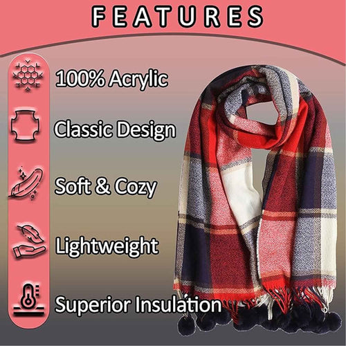 Sock Stack Luxurious Oversized Soft Touch Scarf Blanket With Pom Poms Red And Pink Check