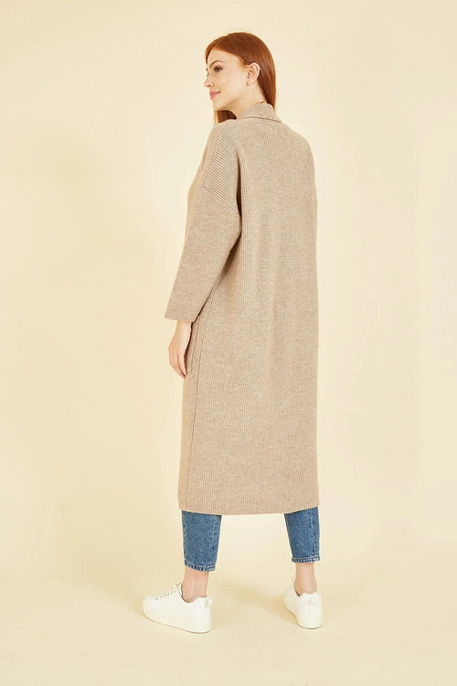 Yumi Oatmeal Knitted Maxi Cardigan With Pockets