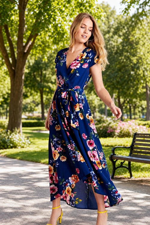Mela Blue Floral Wrap Over Dipped Hem Midi Dress