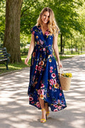 Mela Blue Floral Wrap Over Dipped Hem Midi Dress