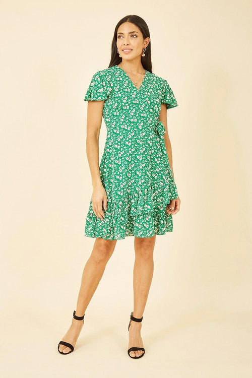 Mela Green Ditsy Floral Wrap Frill Dress