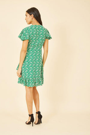 Mela Green Ditsy Floral Wrap Frill Dress