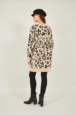 Yumi Beige Animal Intarsia Long Cardigan