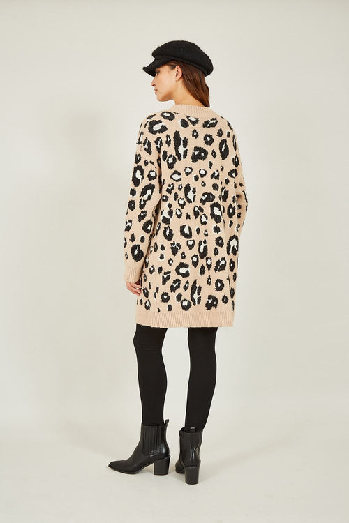 Yumi Beige Animal Intarsia Long Cardigan