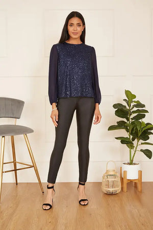 Yumi Navy Sequin Top With Sheer Sleeves