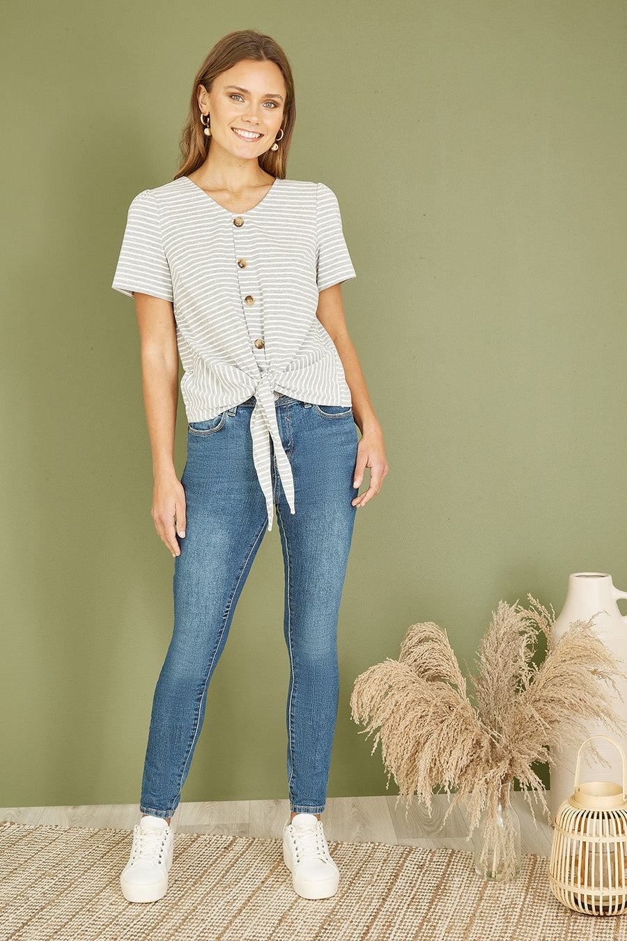 Yumi Grey Striped Jersey Button Detail Top