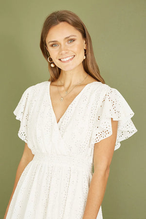 Yumi White Cotton Broderie Anglaise Wrap Midi Dress