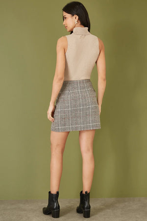 Yumi Oatmeal Knitted Roll Neck Sleeveless Jumper