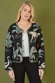 Yumi Black Animal Print Reversible Cotton Cropped Quilted Jacket