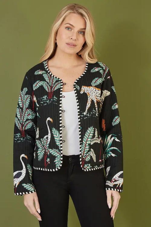 Yumi Black Animal Print Reversible Cotton Cropped Quilted Jacket