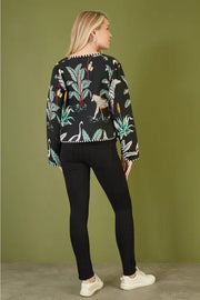 Yumi Black Animal Print Reversible Cotton Cropped Quilted Jacket
