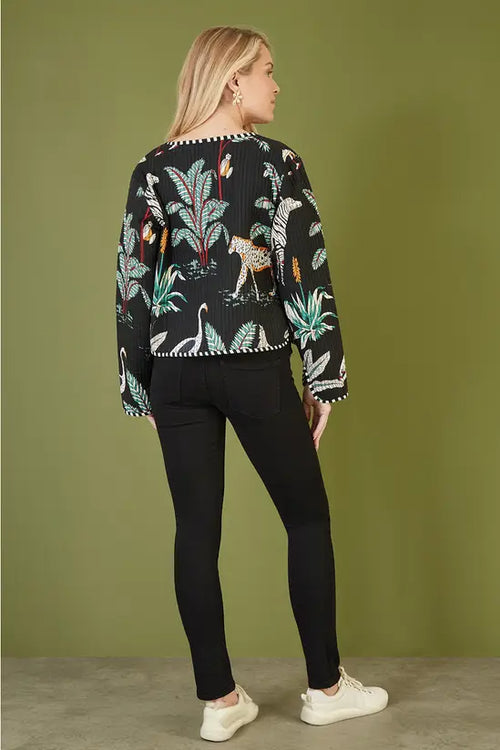 Yumi Black Animal Print Reversible Cotton Cropped Quilted Jacket