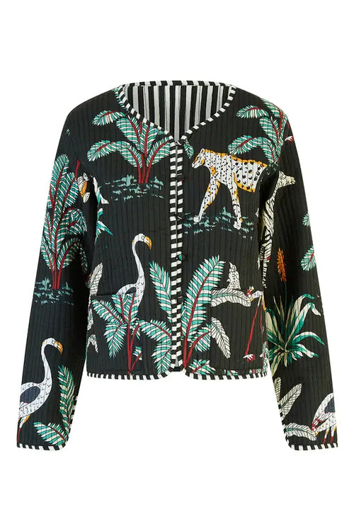 Yumi Black Animal Print Reversible Cotton Cropped Quilted Jacket