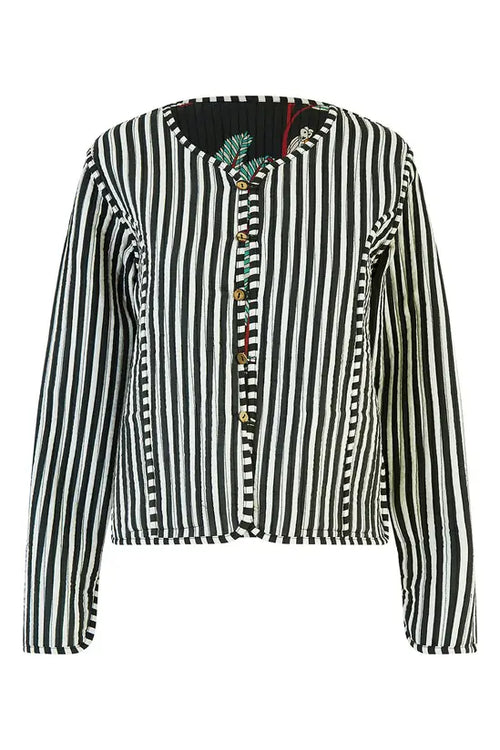 Yumi Black Animal Print Reversible Cotton Cropped Quilted Jacket