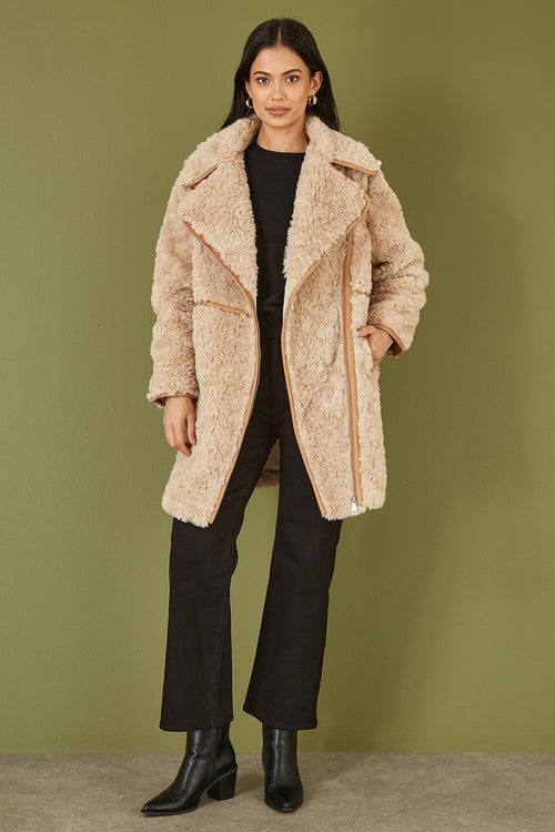 Yumi Brown Textured Borg Long Line Biker Coat