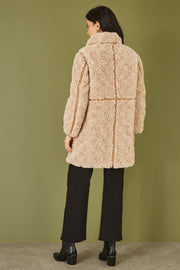 Yumi Brown Textured Borg Long Line Biker Coat