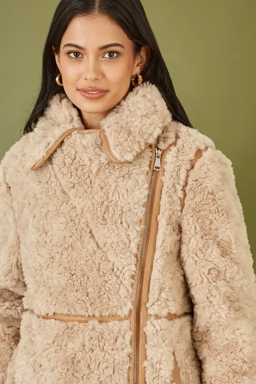 Yumi Brown Textured Borg Long Line Biker Coat