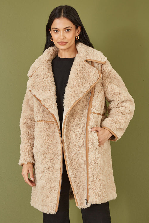 Yumi Brown Textured Borg Long Line Biker Coat
