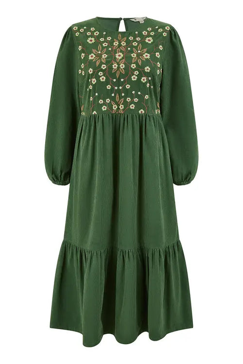 Yumi Green Long Sleeve Midi Dress With Floral Embroidery Bodice