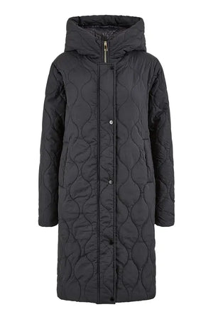 Yumi Black Padded Quilted Long Coat With Zip Detail And Hood