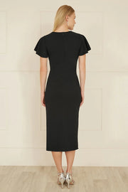 Yumi Black Ruched Waist Stretch Midi Dress