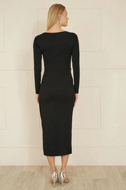 Yumi Black Midi Fitted Stretch Dress With Knot Detail