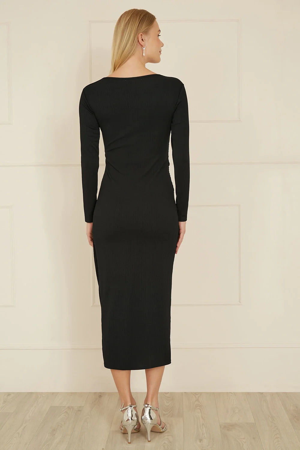 Yumi Black Midi Fitted Stretch Dress With Knot Detail