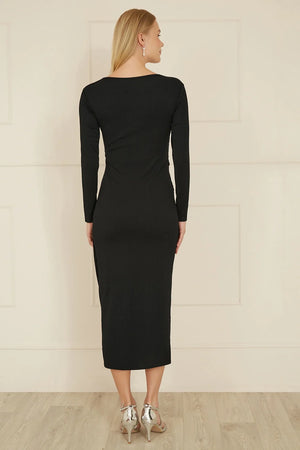 Yumi Black Midi Fitted Stretch Dress With Knot Detail