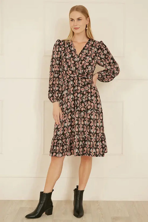 Yumi Black Ikat Long Sleeve Skater Dress