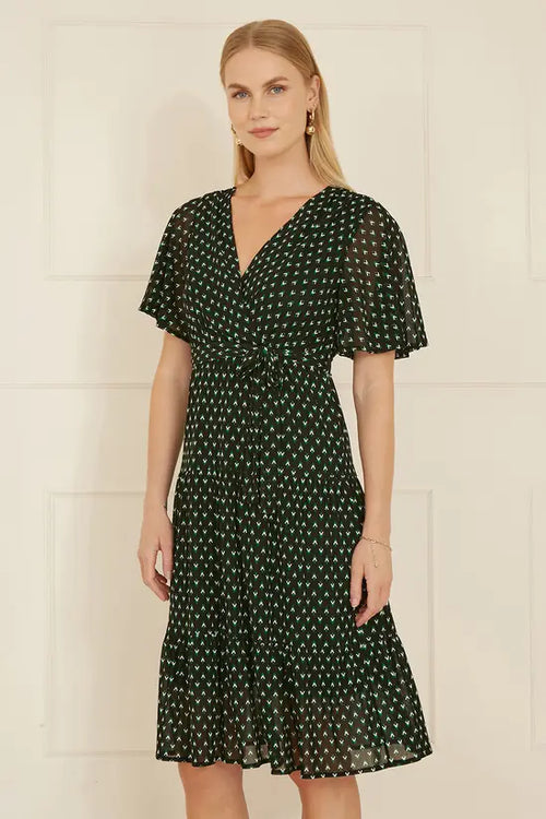 Yumi Black Dot Print Mesh Stretch Midi Skater Dress