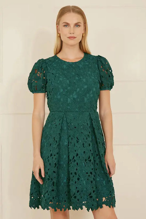 Yumi Green Lace Skater Dress With Puff Sleeves