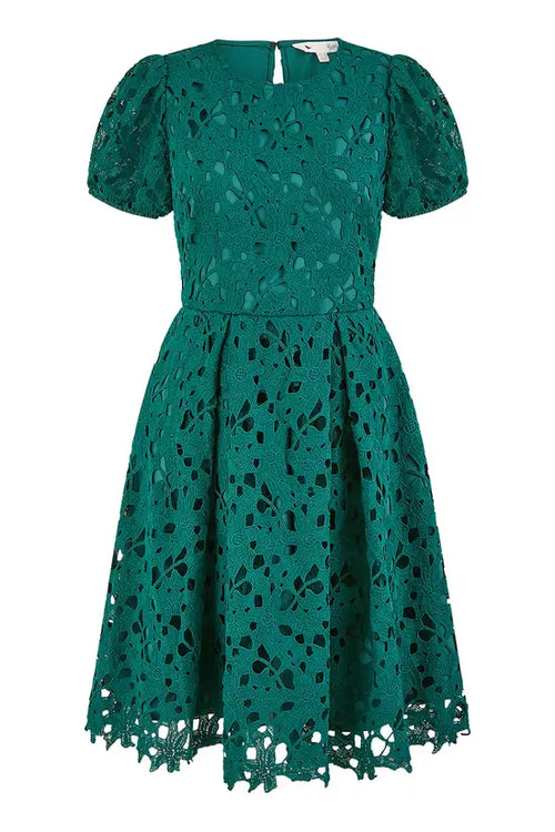 Yumi Green Lace Skater Dress With Puff Sleeves