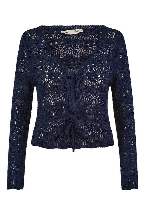 Yumi Navy Crochet Top With Front Ruching