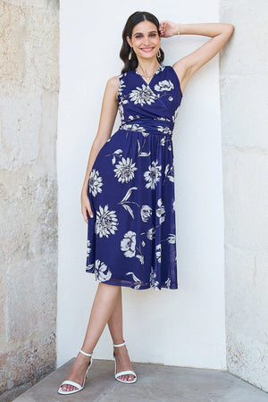 Yumi Navy Floral Print Stretch Mesh Dress With Pockets
