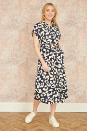Yumi Navy Abstract Animal Print Relaxed Midi Shirt Dress With Belt