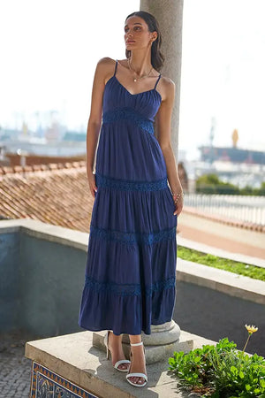 Yumi Navy Lace Tiered Strappy Maxi Dress
